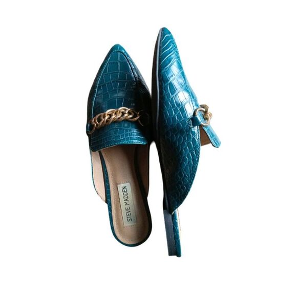 Steve Madden Chain Mule Loafers Size 6.5M Turquoise Crocodile Pointed Toe Flats - Picture 6 of 10